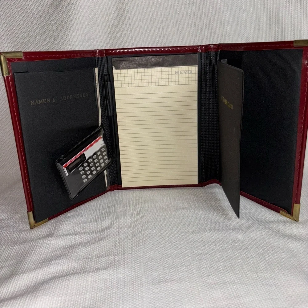Vintage Trifold Cranberry Leather Address Card Slot Note Binder Gold Accents